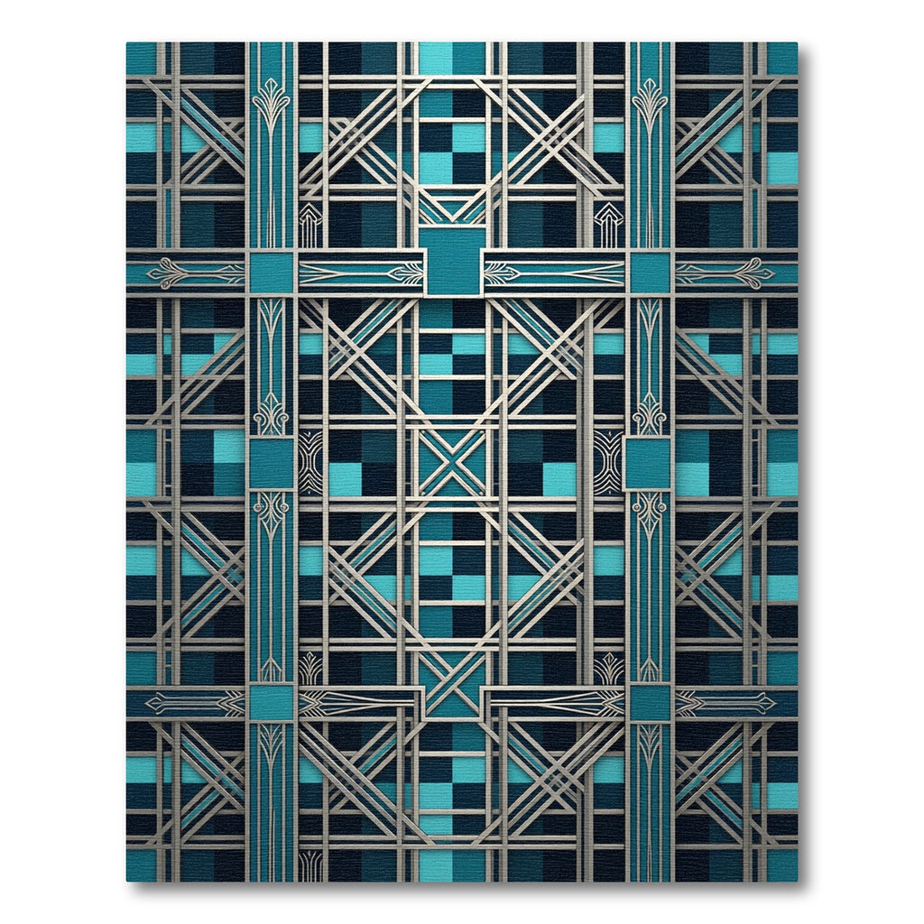 Art Deco Geometric Teal Silver Grid Rug