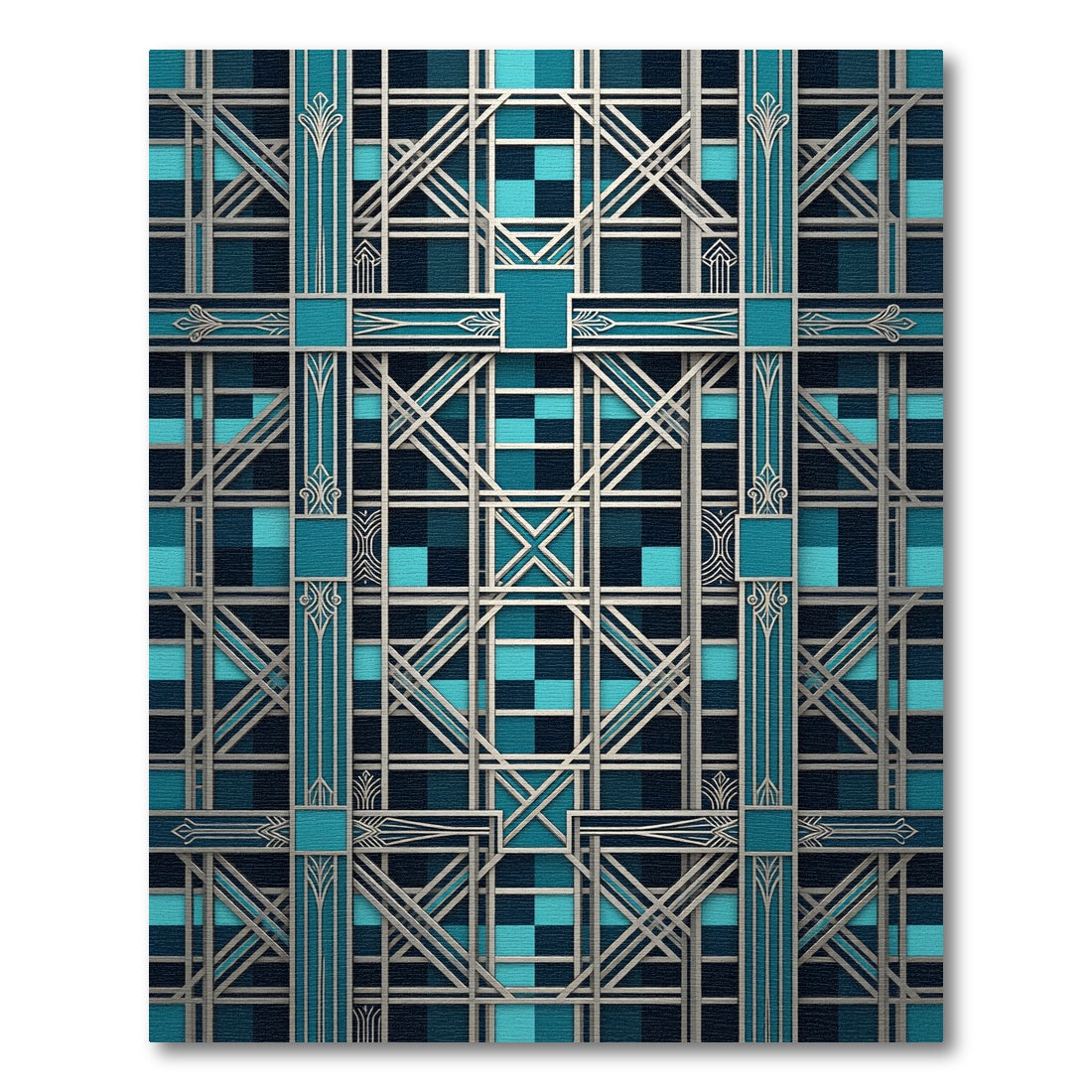 Art Deco Geometric Teal Silver Grid Rug
