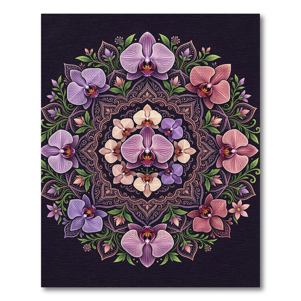 Orchid Floral Mandala on Dark Purple Rug
