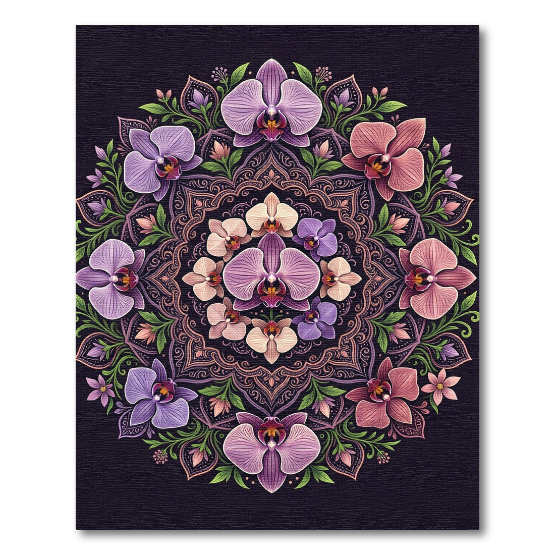 Orchid Floral Mandala on Dark Purple Rug
