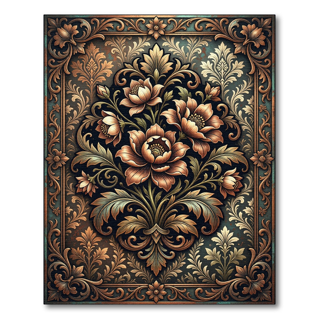 Ornate Copper Floral Damask Medallion Rug