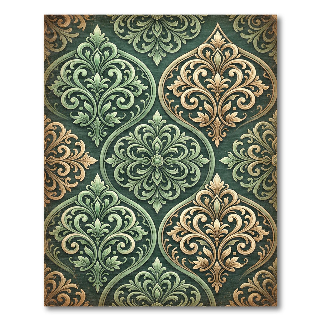 Victorian Gold Green Damask Scrolls Rug
