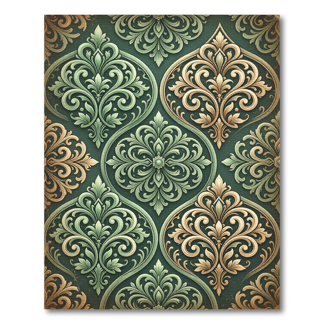 Victorian Gold Green Damask Scrolls Rug