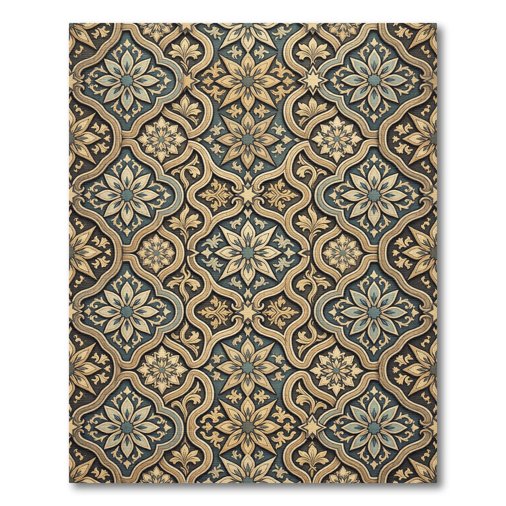 Elegant Gold and Blue Damask Scroll Rug