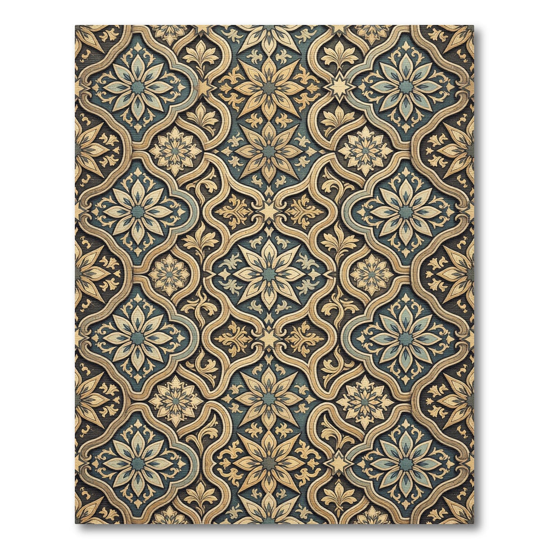 Elegant Gold and Blue Damask Scroll Rug