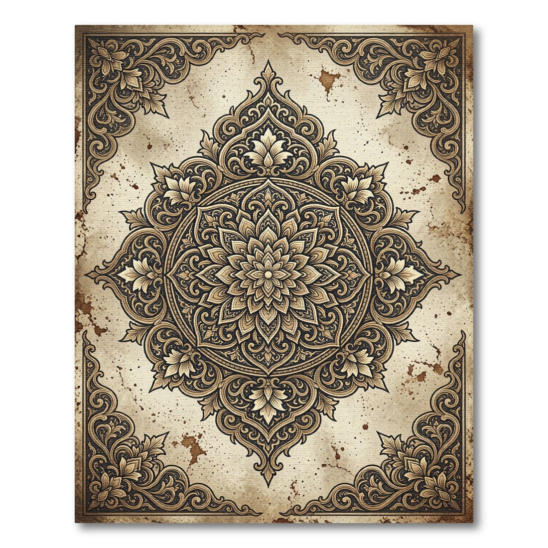 Antique Golden Floral Medallion Scrollwork Rug