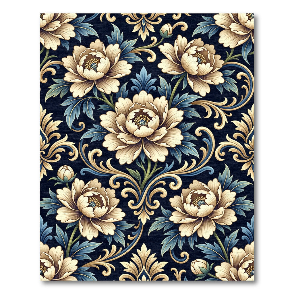 Elegant Cream Peony Gold Scroll Damask Rug