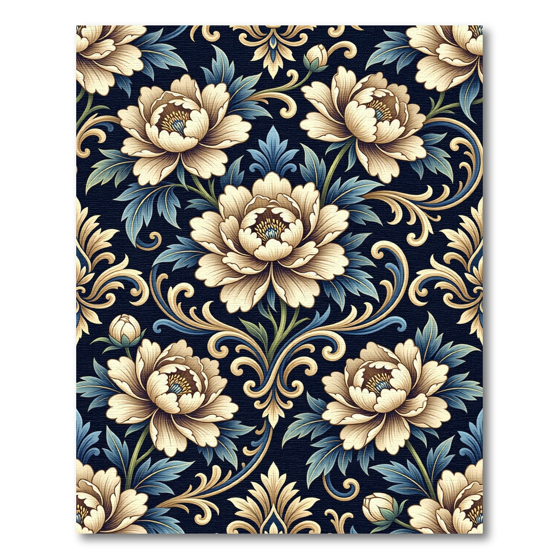 Elegant Cream Peony Gold Scroll Damask Rug