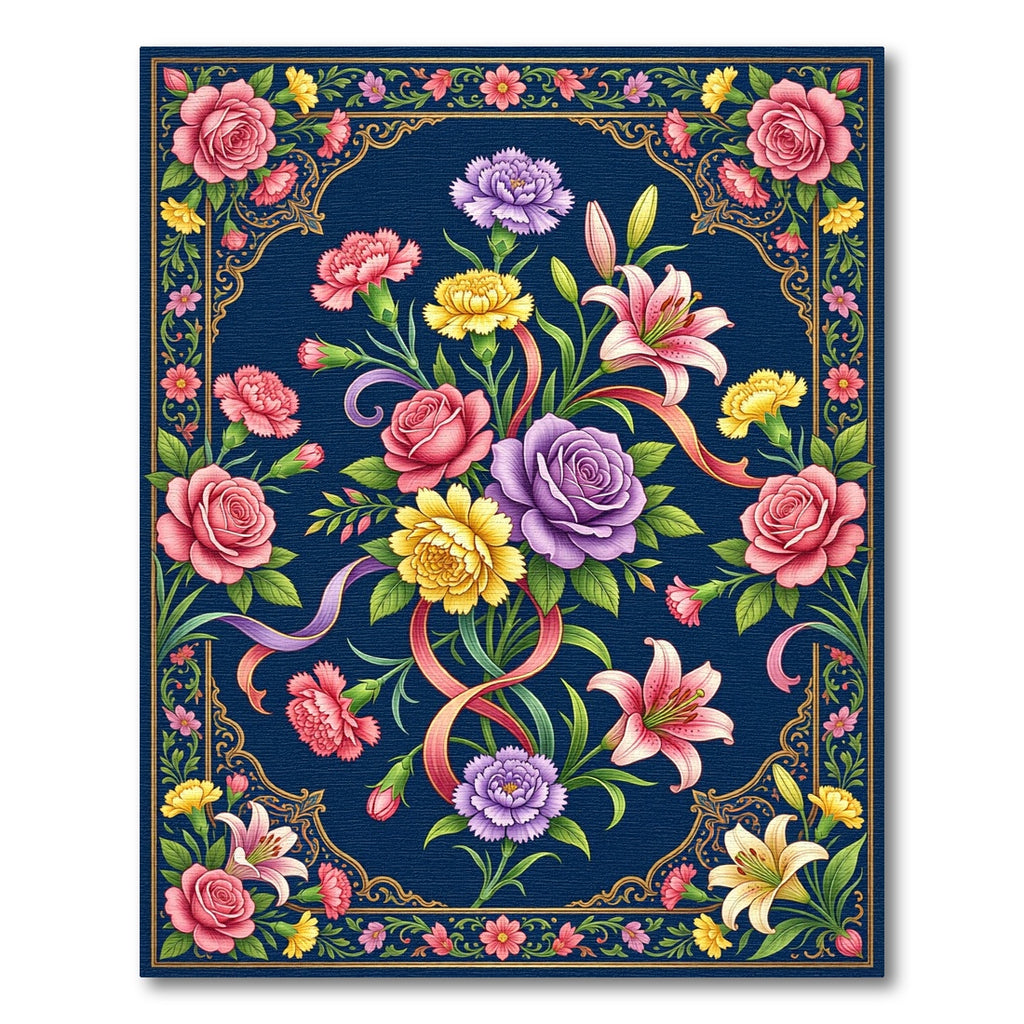 Vibrant Floral Navy Bouquet Tapestry Rug