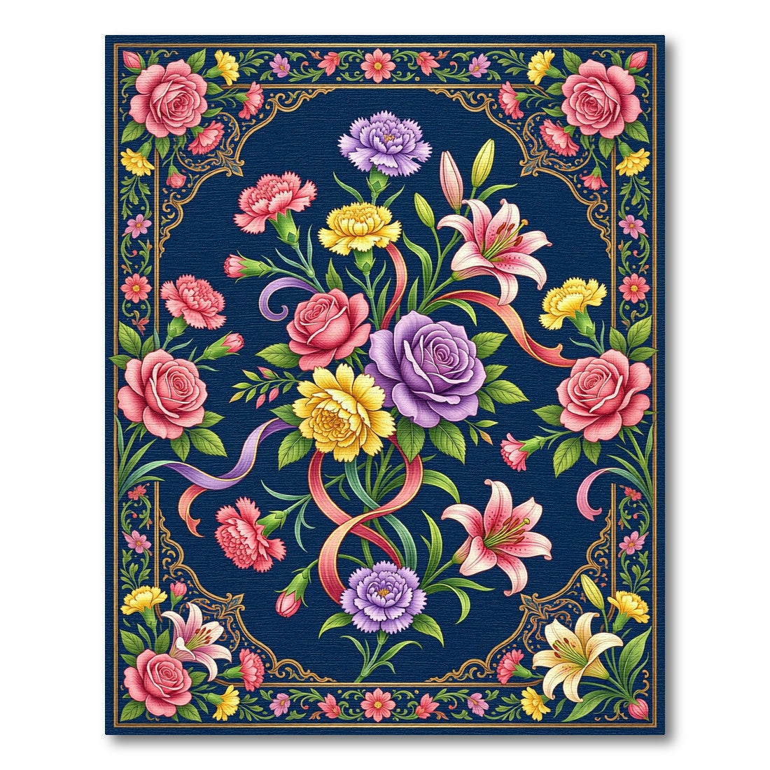 Vibrant Floral Navy Bouquet Tapestry Rug
