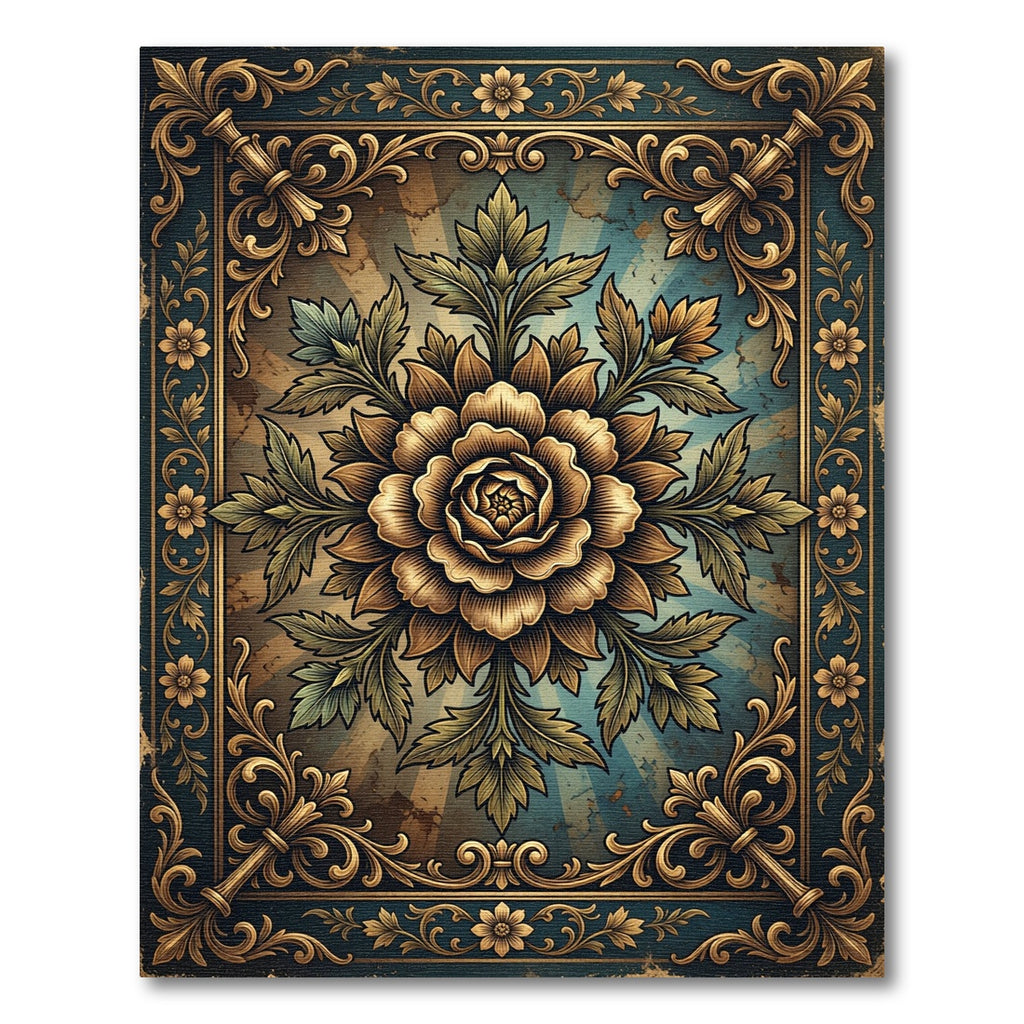 Ornate Golden Floral Damask Teal Backdrop Rug