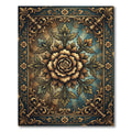 Ornate Golden Floral Damask Teal Backdrop Rug