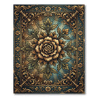 Ornate Golden Floral Damask Teal Backdrop Rug