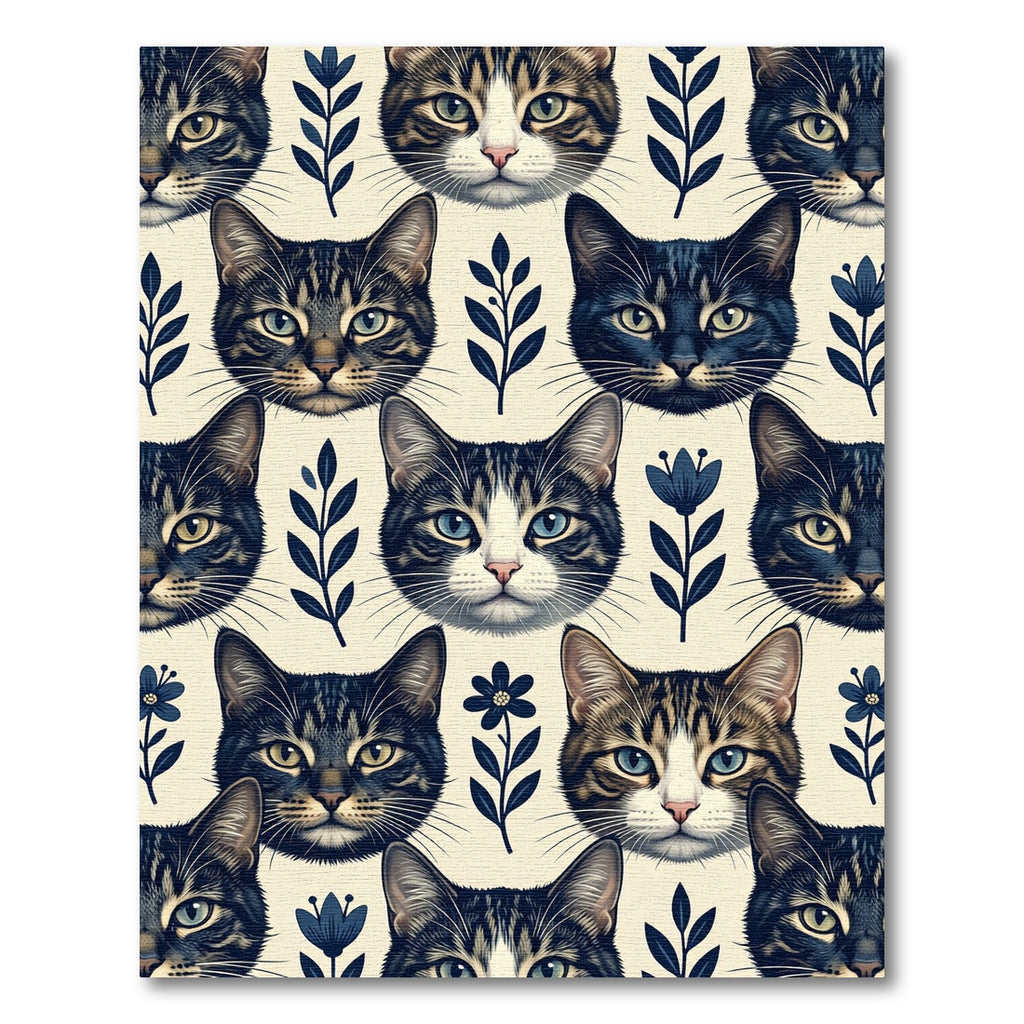 Whimsical Navy Blue Cat Floral Illustration Rug
