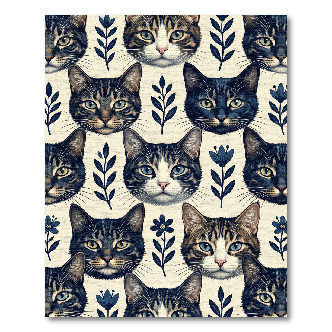 Whimsical Navy Blue Cat Floral Illustration Rug