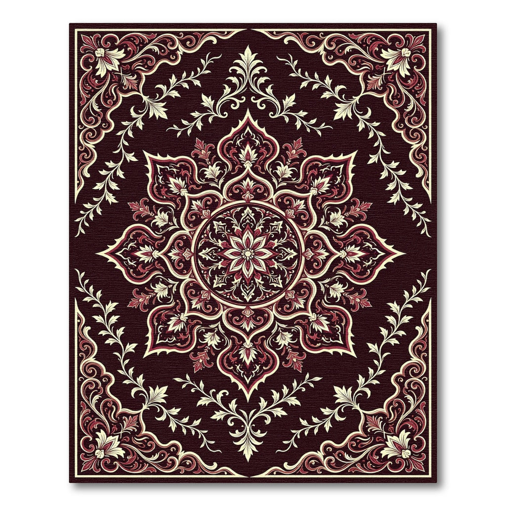 Dark Burgundy Floral Medallion Scroll Rug