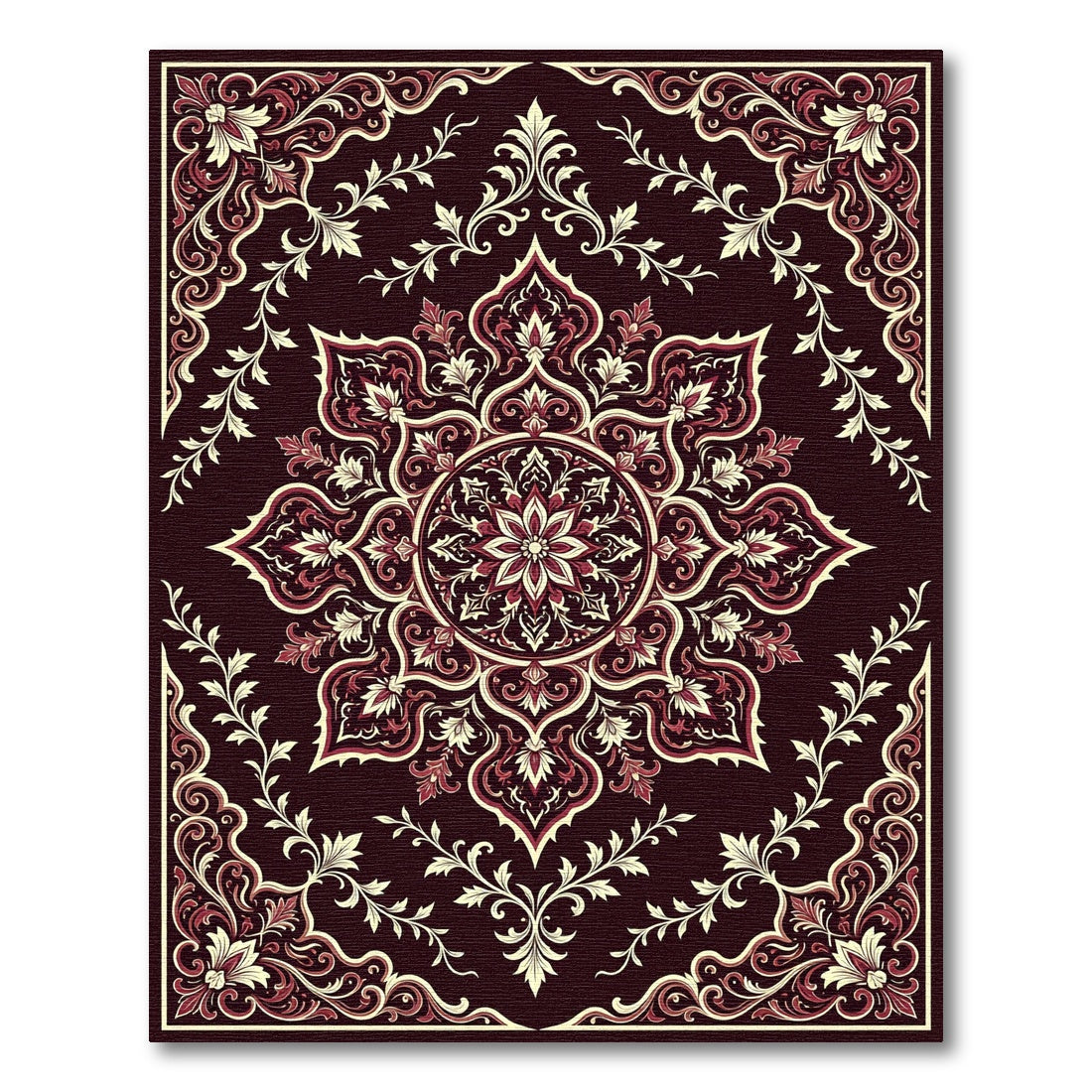 Dark Burgundy Floral Medallion Scroll Rug