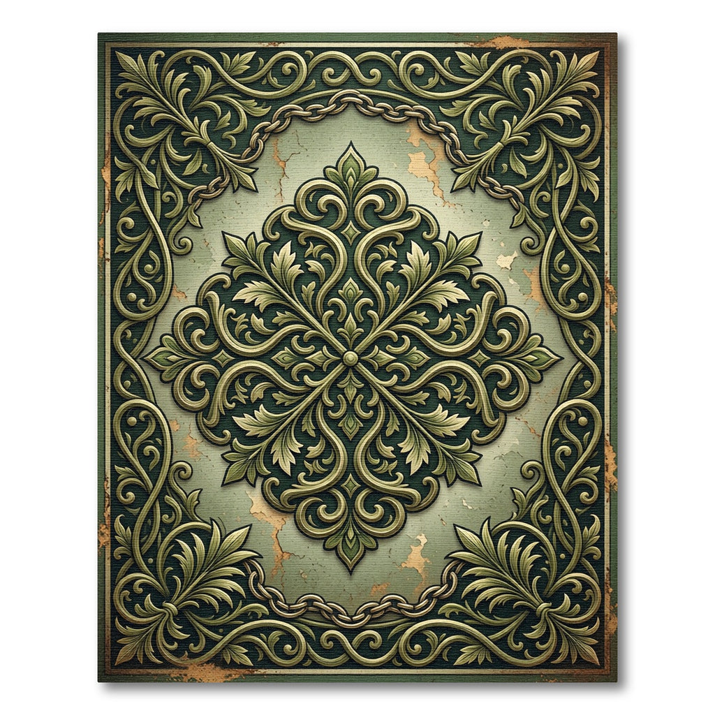 Ornate Sage Green Damask Filigree Rug