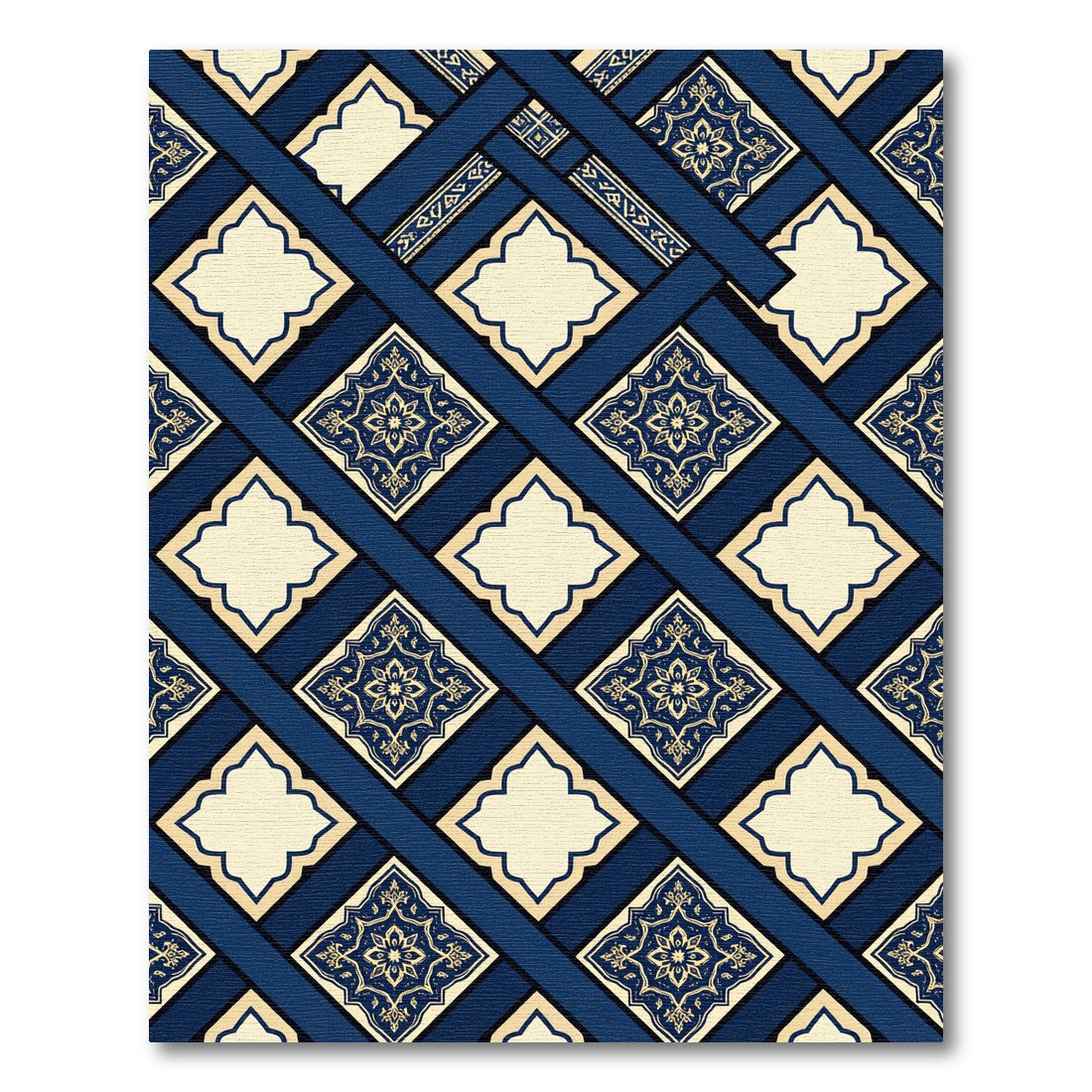 Deep Navy Gold Medallion Lattice Rug