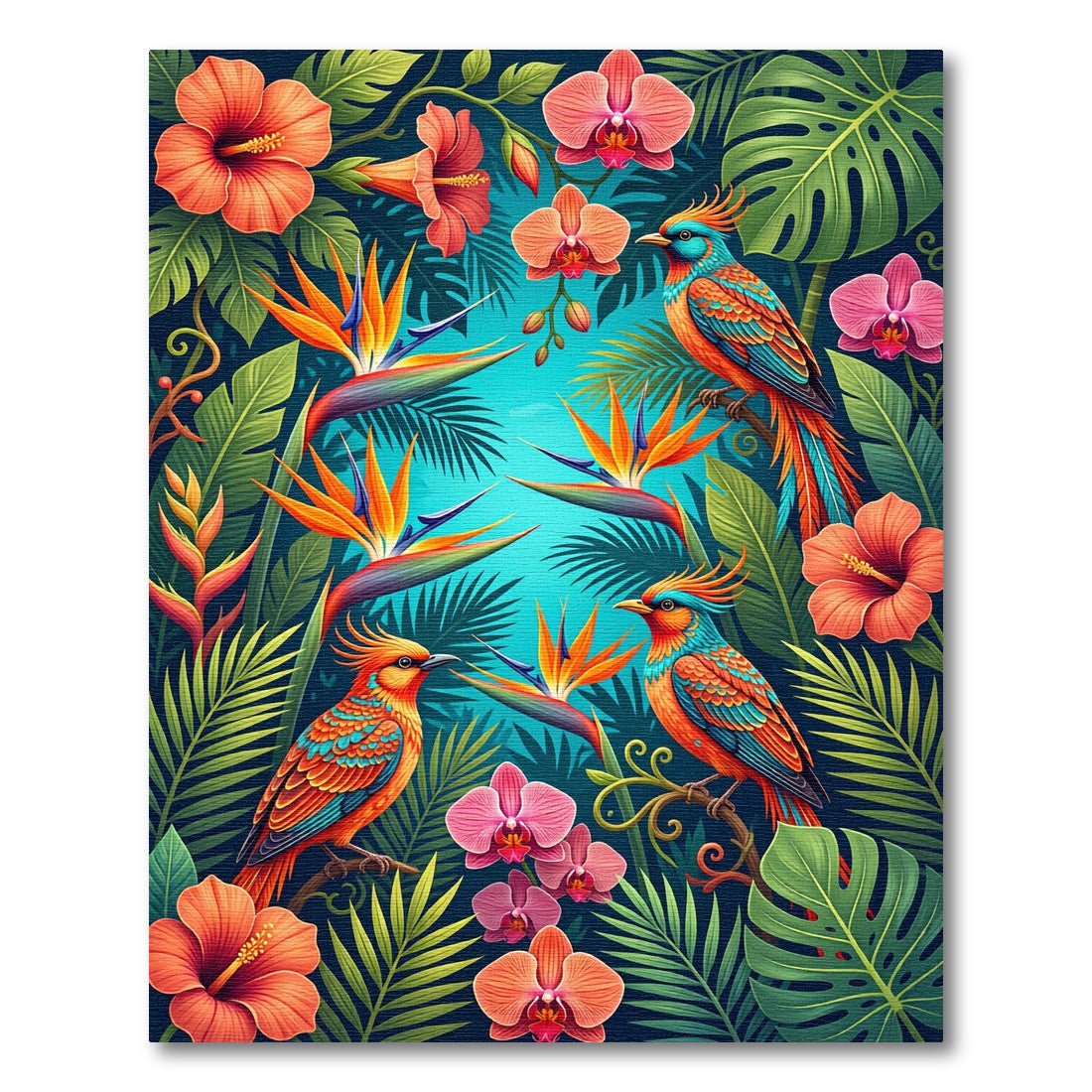 Exotic Birds Orchid Hibiscus Jungle Scene Rug