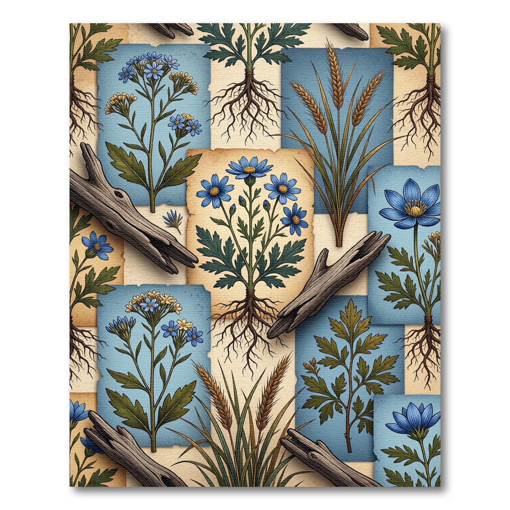 Rustic Botanical Blue Floral Wheat Rug