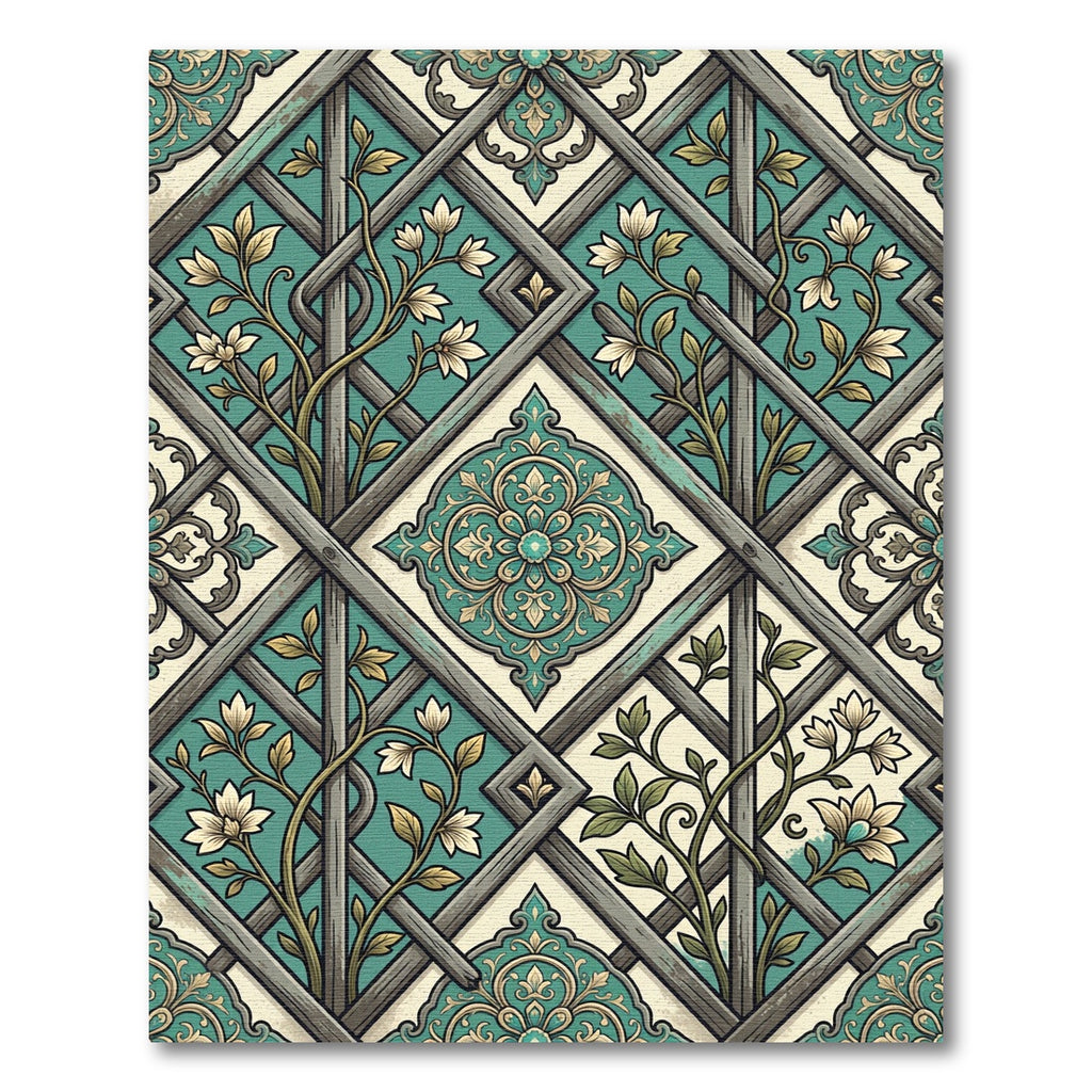 Teal Trellis Floral Lattice Medallion Rug