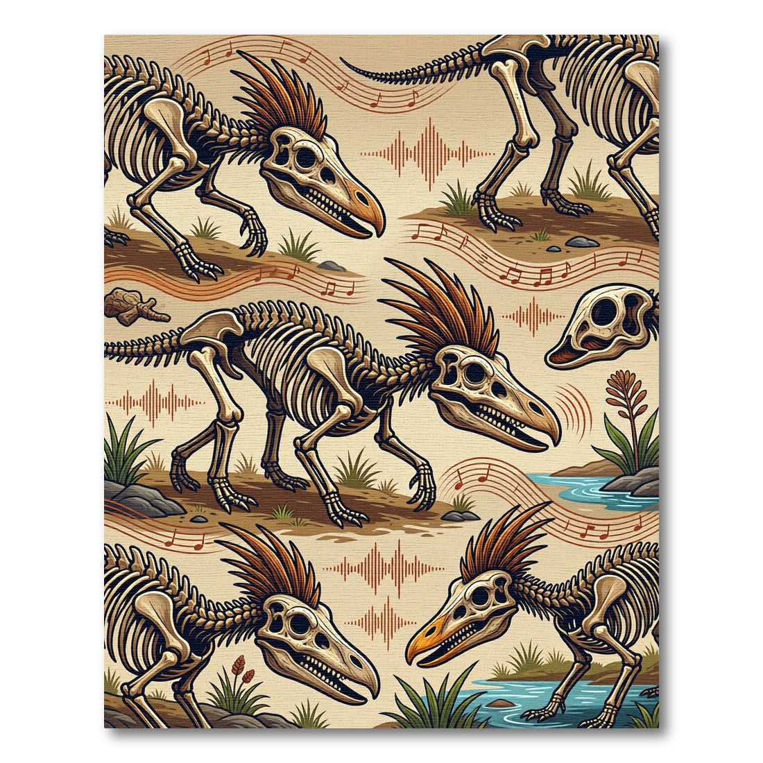 Prehistoric Dinosaur Skeleton Musical Beige Rug