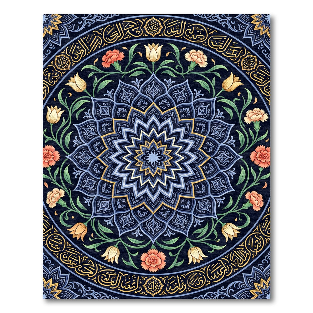 Ornate Blue Floral Mandala Inlay Rug