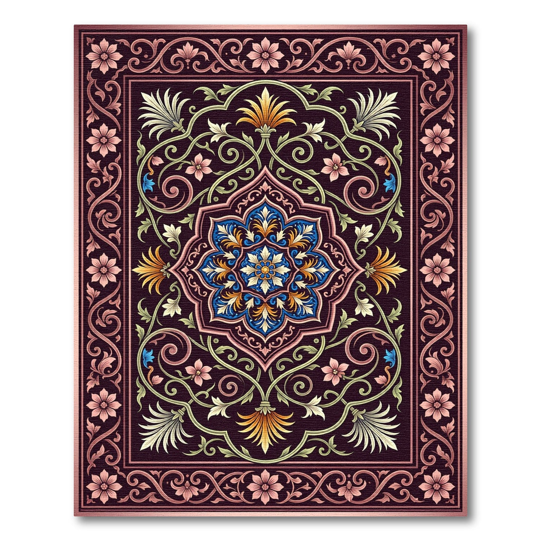 Ornate Floral Medallion Dark Plum Rug