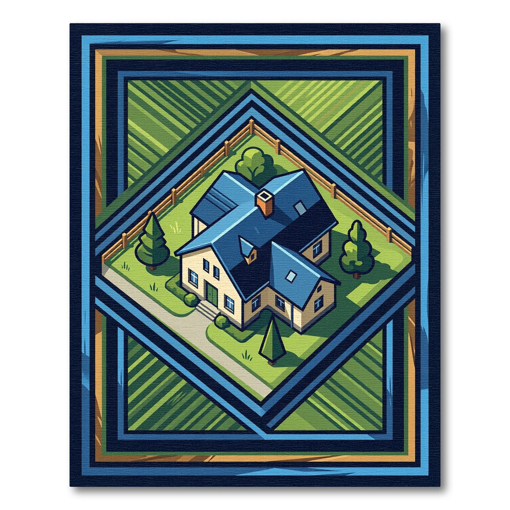 Blue Roof House Field Geometric Border Rug