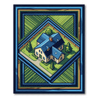 Blue Roof House Field Geometric Border Rug