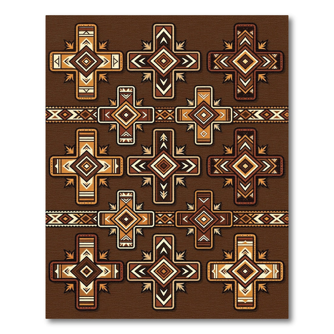 Earthy Brown Geometric Cross Motif Rug