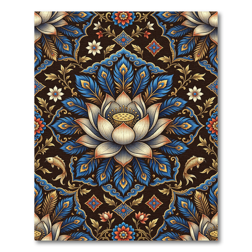Luminous Gold Lotus Peacock Feather Tapestry Rug