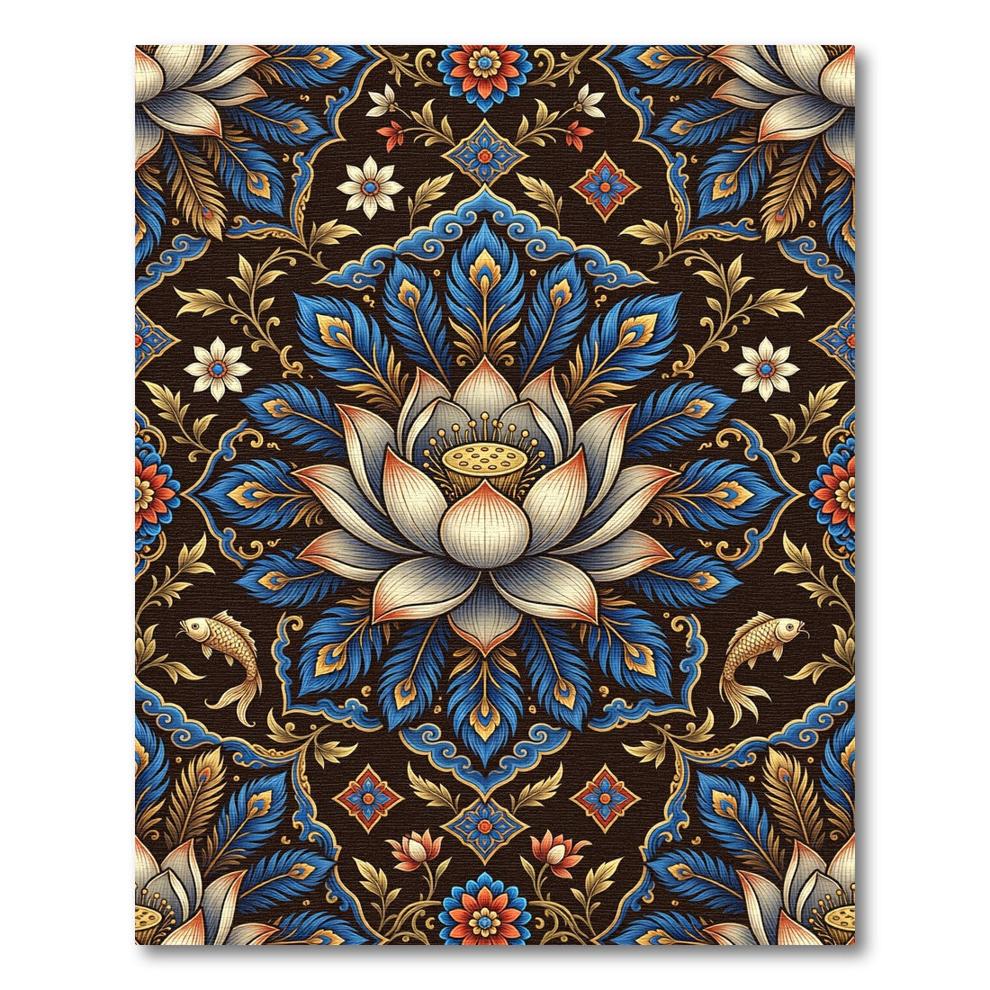 Luminous Gold Lotus Peacock Feather Tapestry Rug