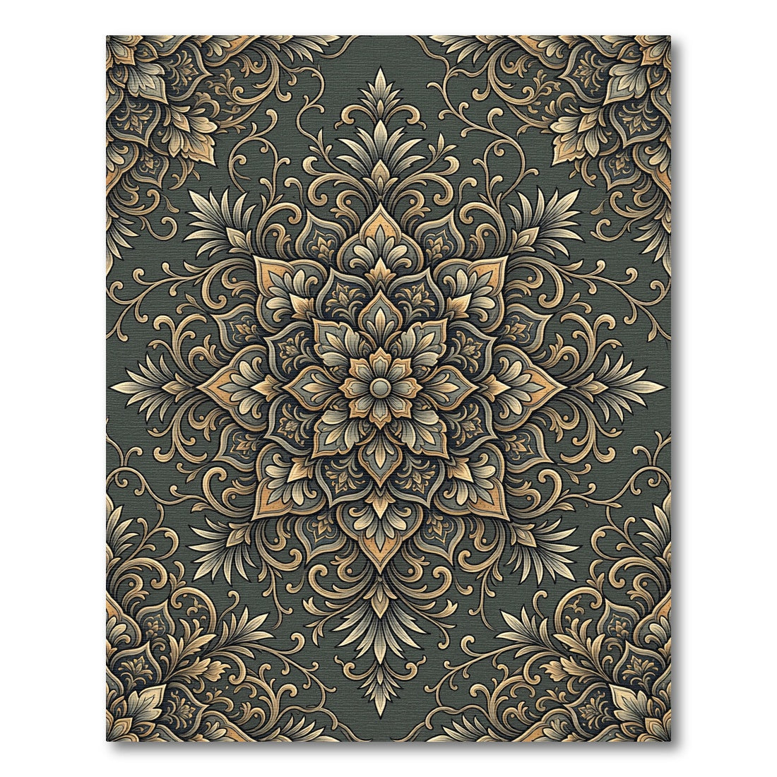 Elegant Sage Gold Ornate Floral Medallion Rug
