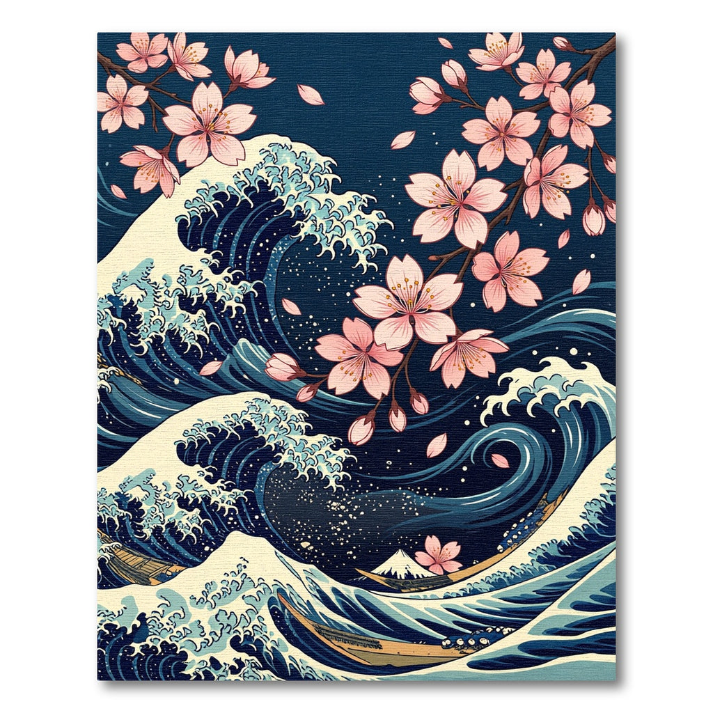 Japanese Wave and Cherry Blossom Art Rug