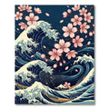 Japanese Wave and Cherry Blossom Art Rug