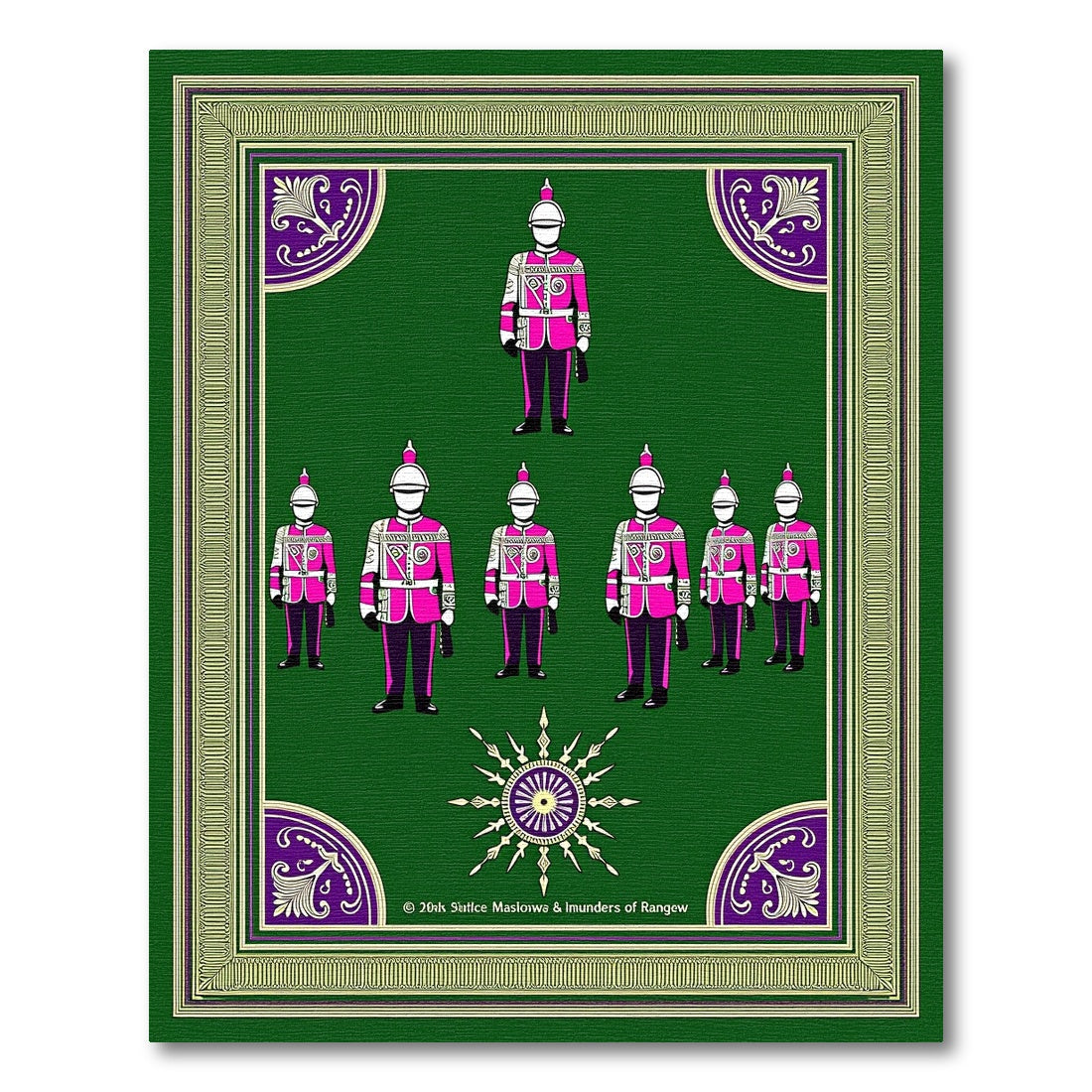 Fuschia Guard Soldiers Green Medallion Border Rug
