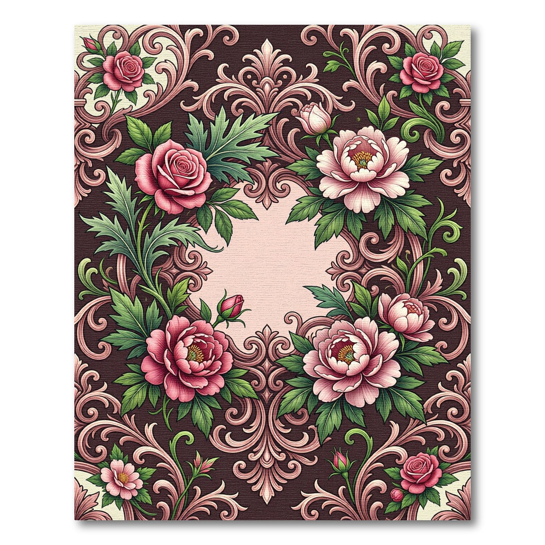Ornate Pink Floral Scrollwork Rug