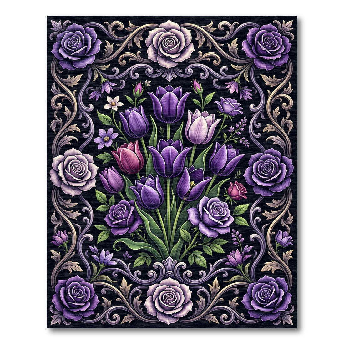 Elegant Regal Purple Floral Rose Bouquet Rug