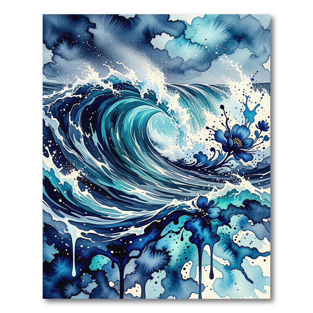 Abstract Navy Ocean Wave Floral Ink Rug