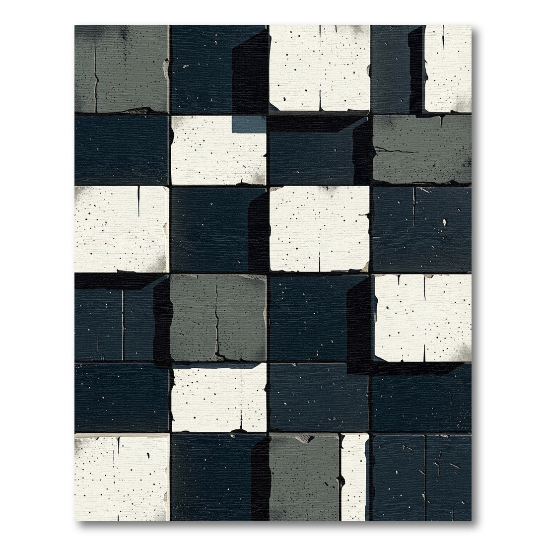 Monochrome Cracked Tile Checkered Rug