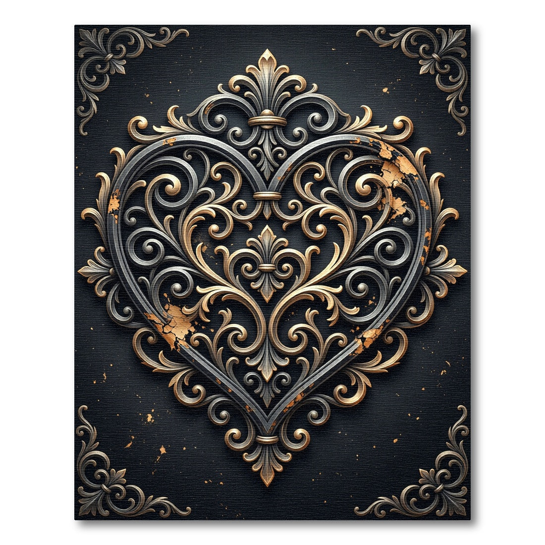 Ornate Gold Black Heart Filigree Rug