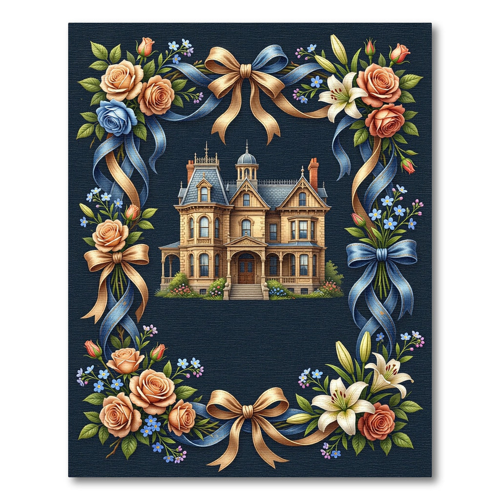 Elegant Victorian Estate Floral Ribbon Border Rug