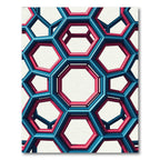 Bold Geometric Azure and Crimson Hexagon Rug
