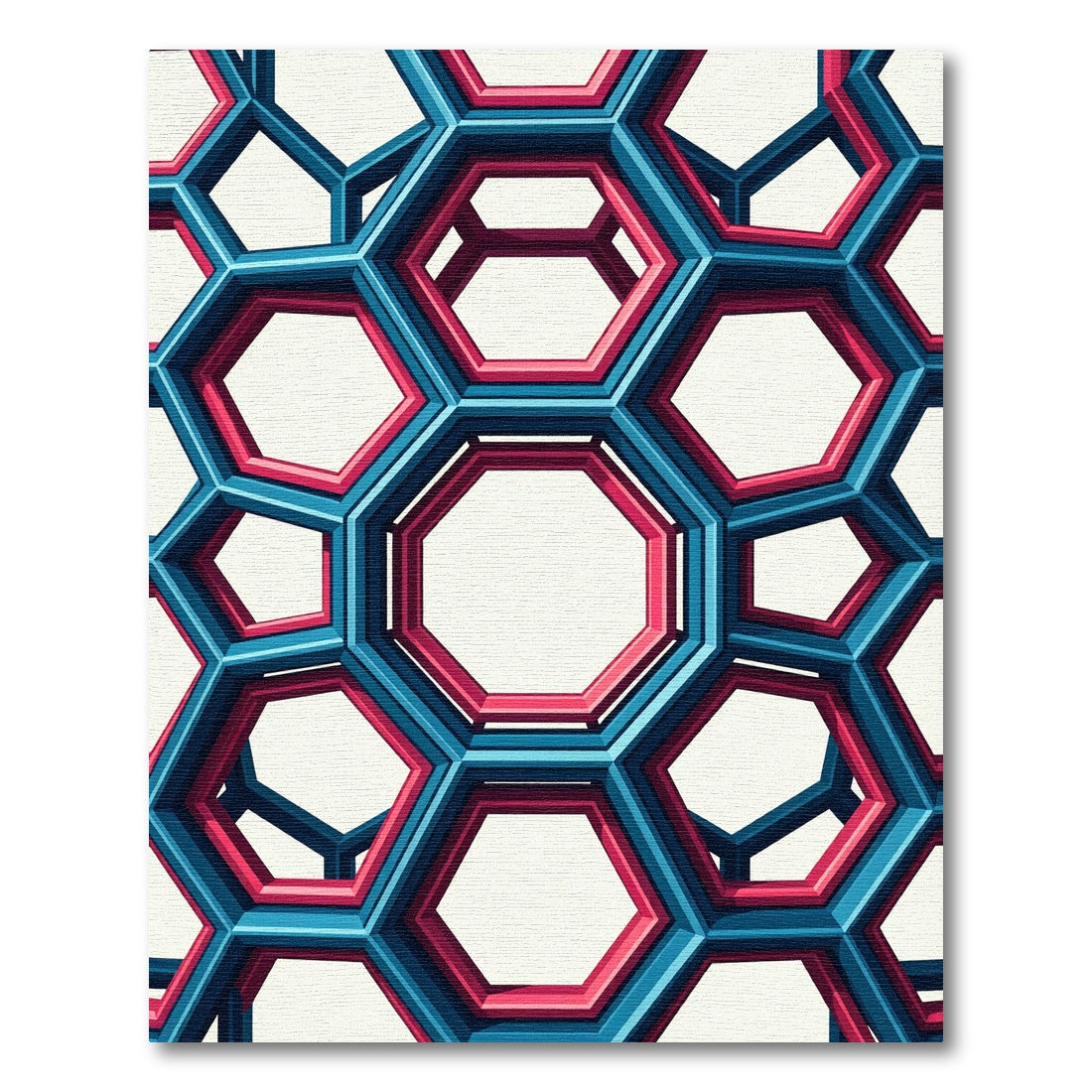 Bold Geometric Azure and Crimson Hexagon Rug