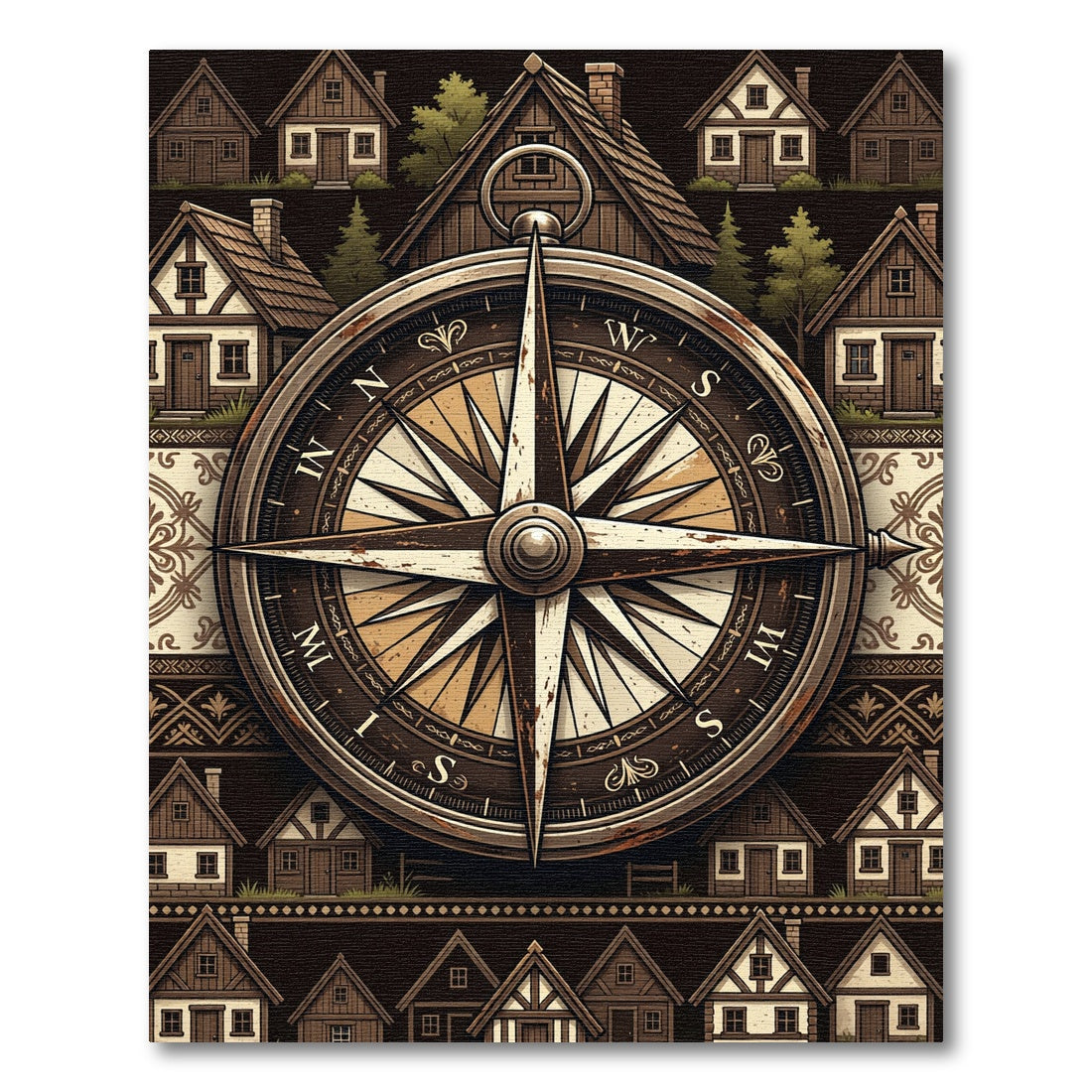 Vintage Nautical Compass Village Landscape Rug