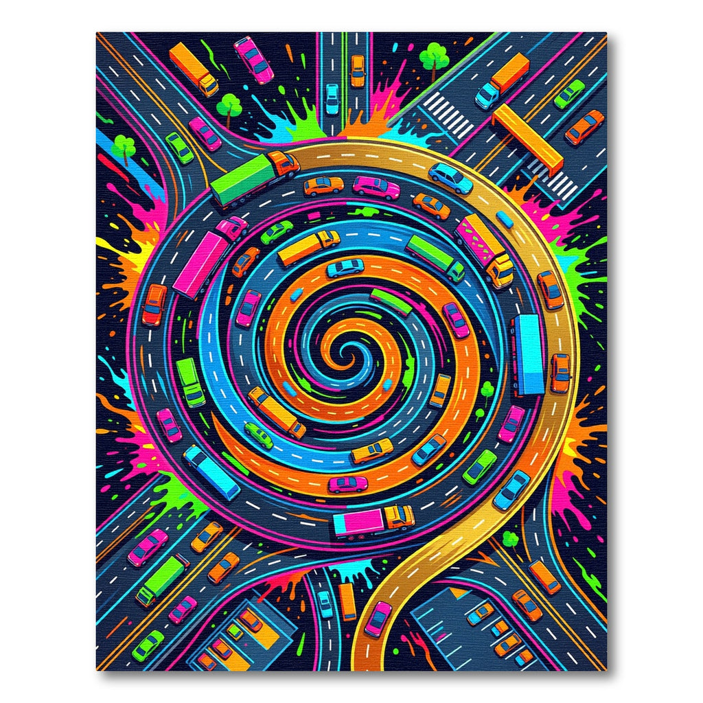 Vibrant Neon Spiral Roadway Pop Art Rug