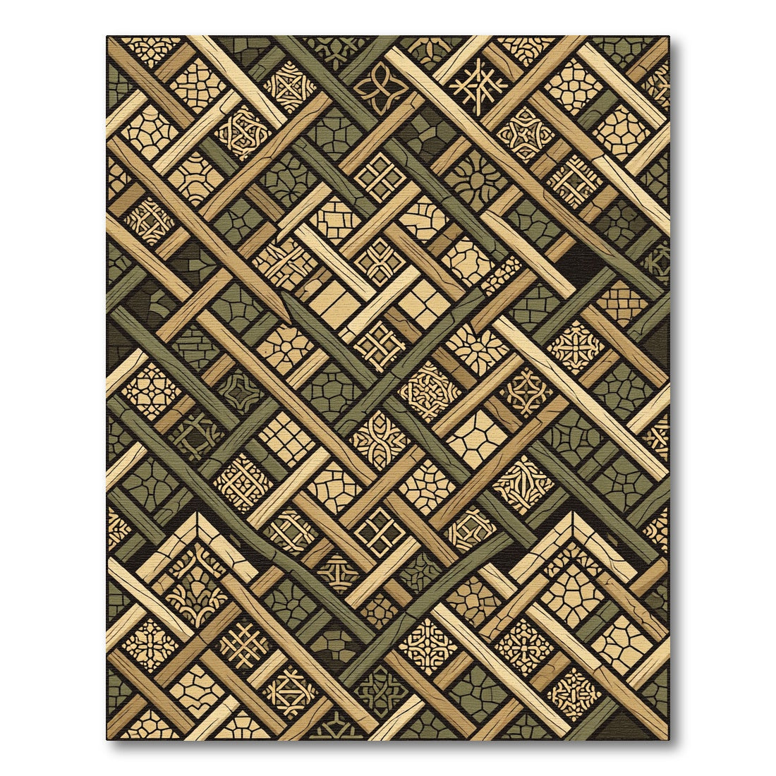 Earthy Olive Geometric Woven Lattice Rug