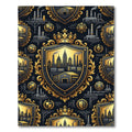 Golden Royal Industrial Emblem Navy Crest Rug
